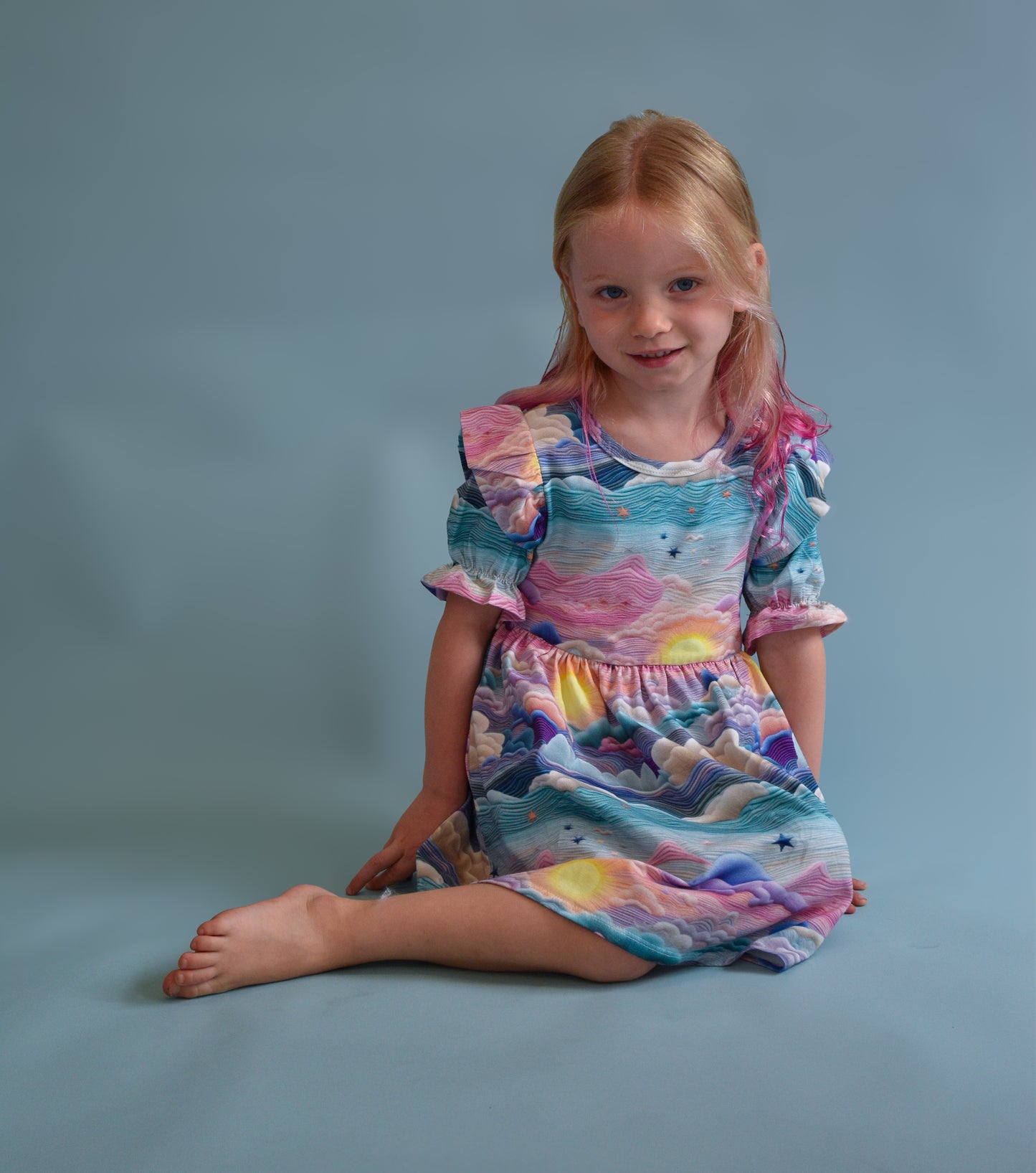 Pre Made Pretty Sunsets Short Sleeve Ruffle Dresses – Handmade Sunset Cloud Print Dress for Kids