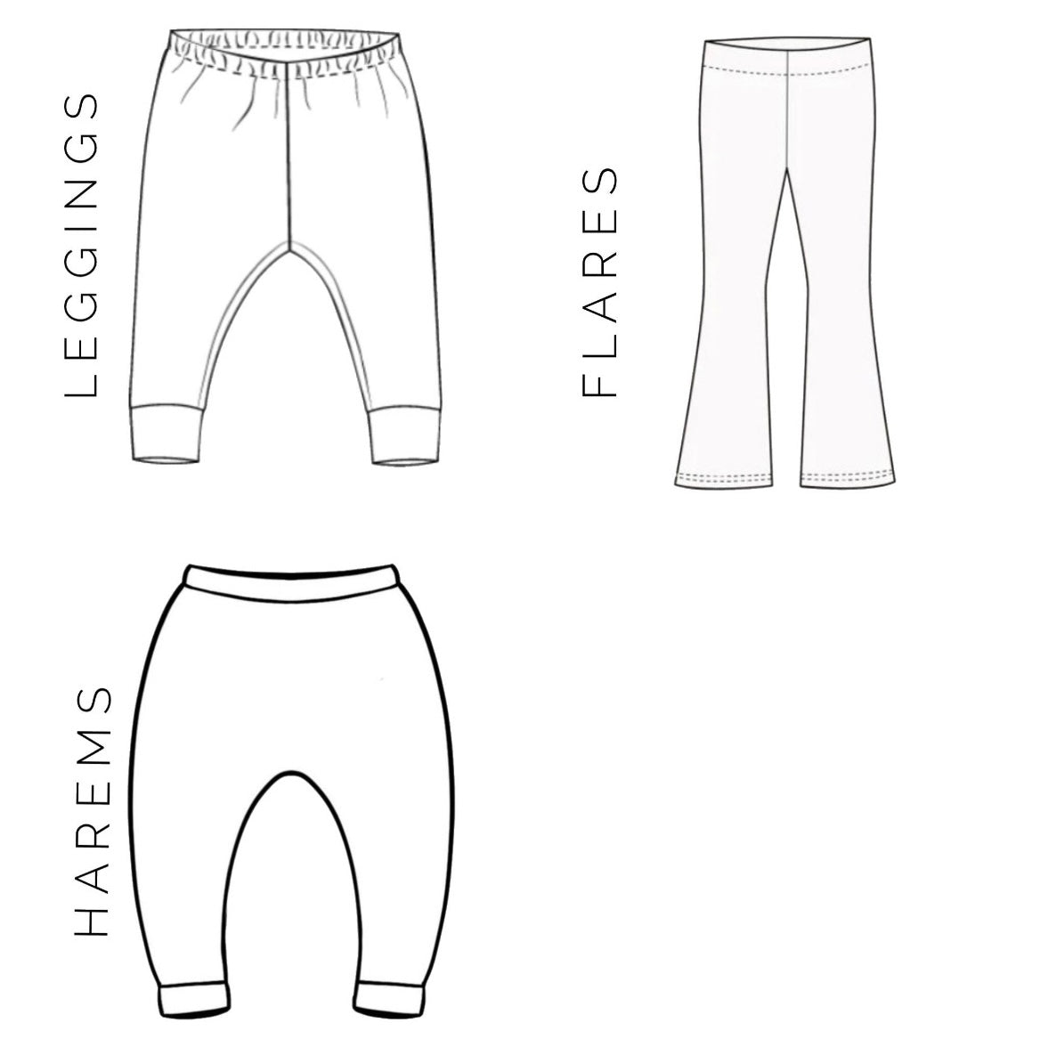 Tiny Tornado Leggings, Harems and Flares