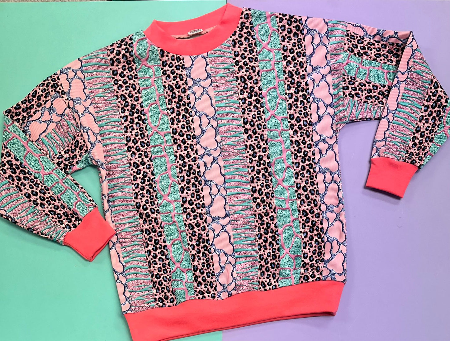 Pre Made Ribbed Glitter Animal Stripes Slouchy Sweater