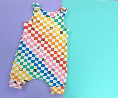 Bright Rainbow Checkerboard Overall Romper