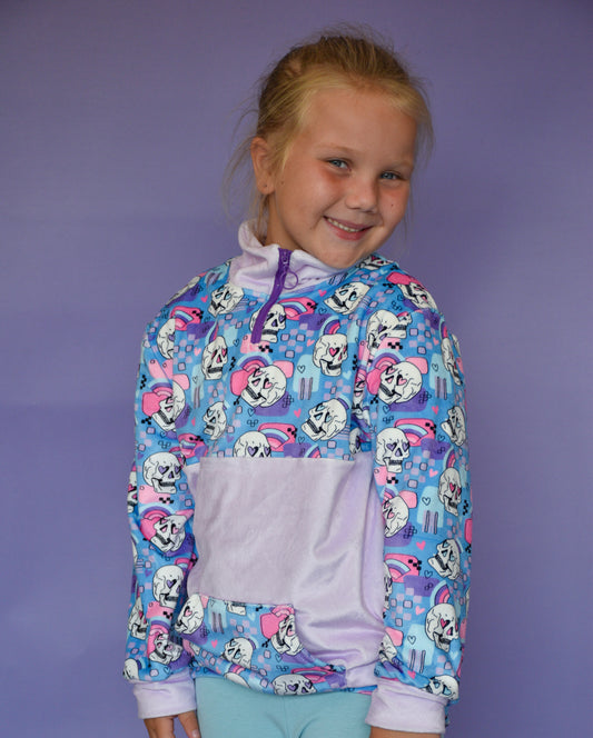 Kids ‘Retro Skulls’ Retro Fleece Pullover – Half-Zip Hoodie with Skulls and Pastel Rainbows