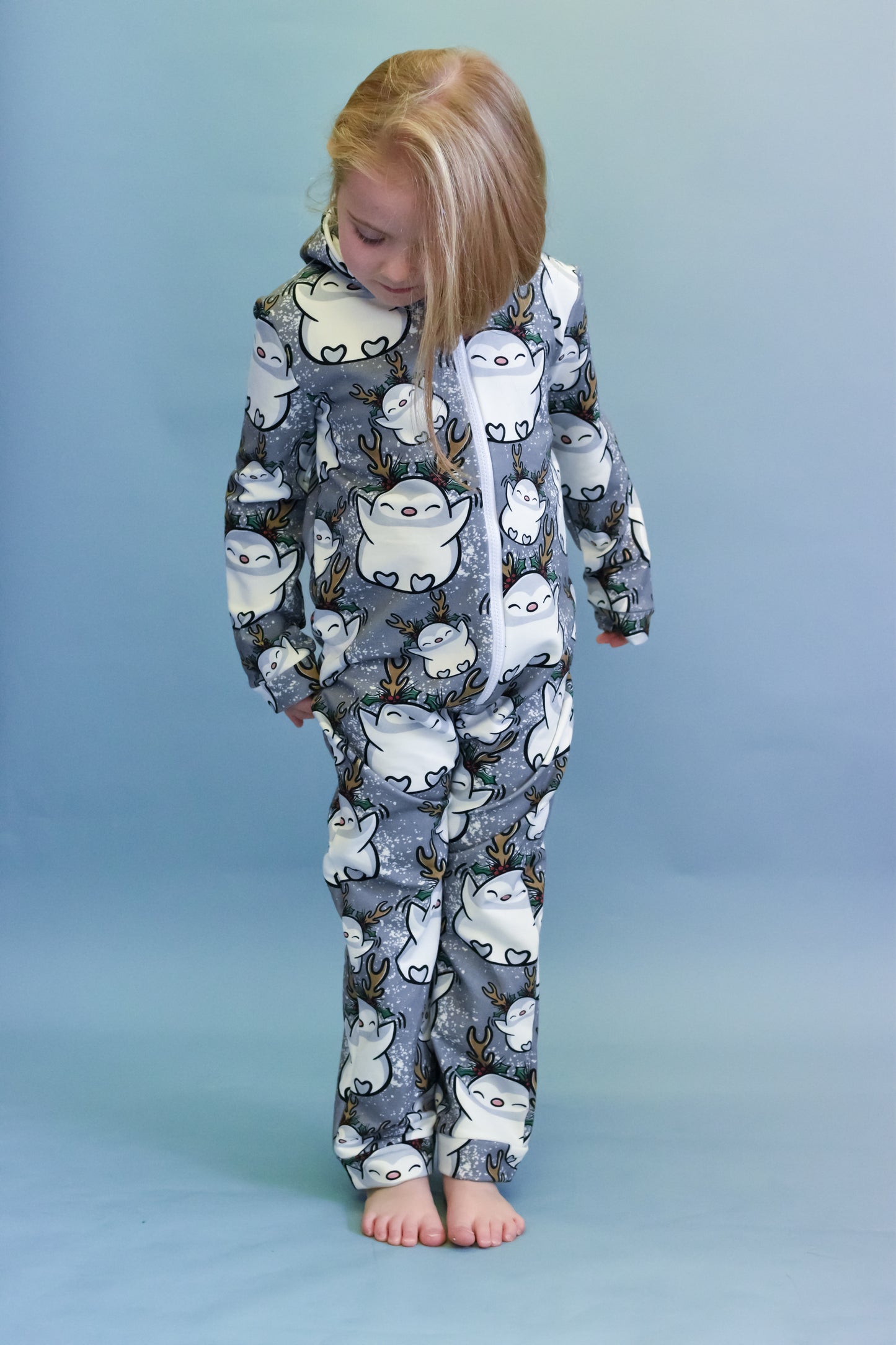Ready To Post Grey Penguins Zipped Onesies