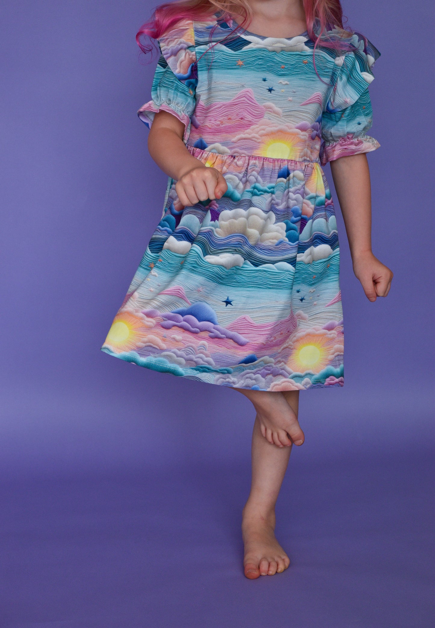 Pre Made Pretty Sunsets Short Sleeve Ruffle Dresses – Handmade Sunset Cloud Print Dress for Kids