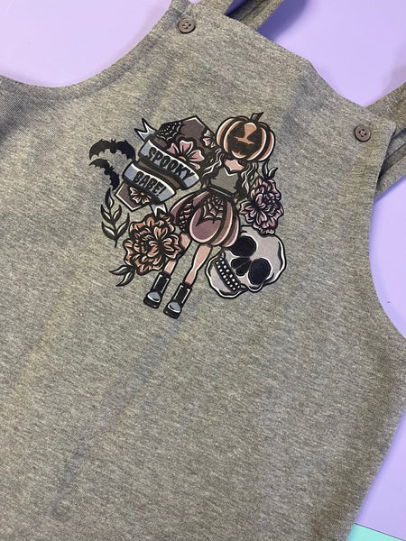 Pre Made Muted Spooky Printed Dungarees - GREY