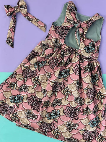 Pre Made Floral Scales Tie Back Dress (dress only, bow not included)